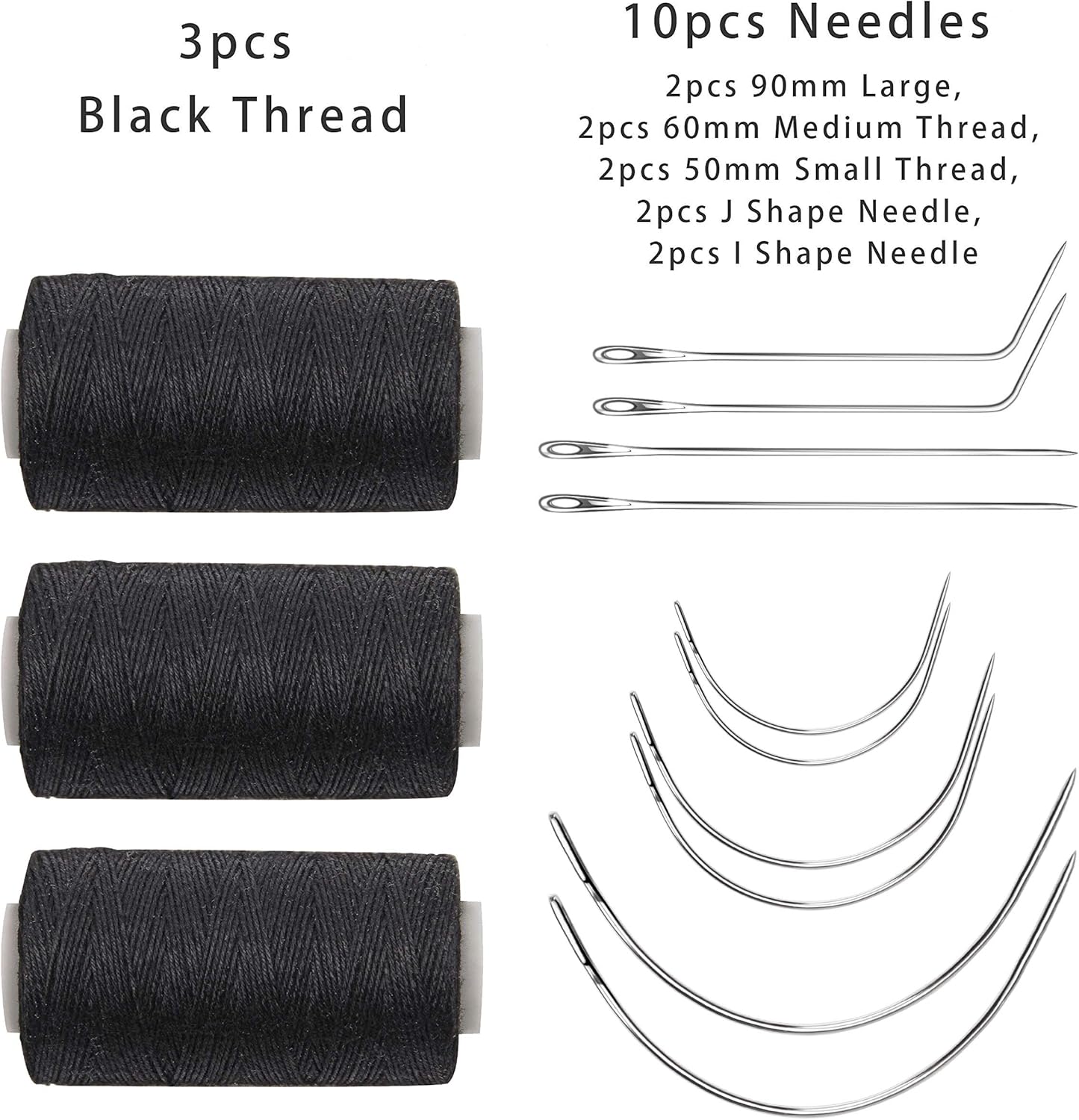 Ryalan Weaving Needle Combo Deal Black Thread with 10pcs Needle for Making Wig Sewing Hair Weft Hair Weave Extension, Big Medium and Small C J Shape Curved Needle I Needle (3 Thread Black + 10 Needle)