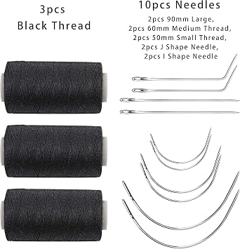 Ryalan Weaving Needle Combo Deal Black Thread, 10pcs Needle with Sewing Scissors for Making Wig Sewing Hair Weft Hair Weave Extension, Big Medium and Small C J Shape Curved Needle I Needle (Black)