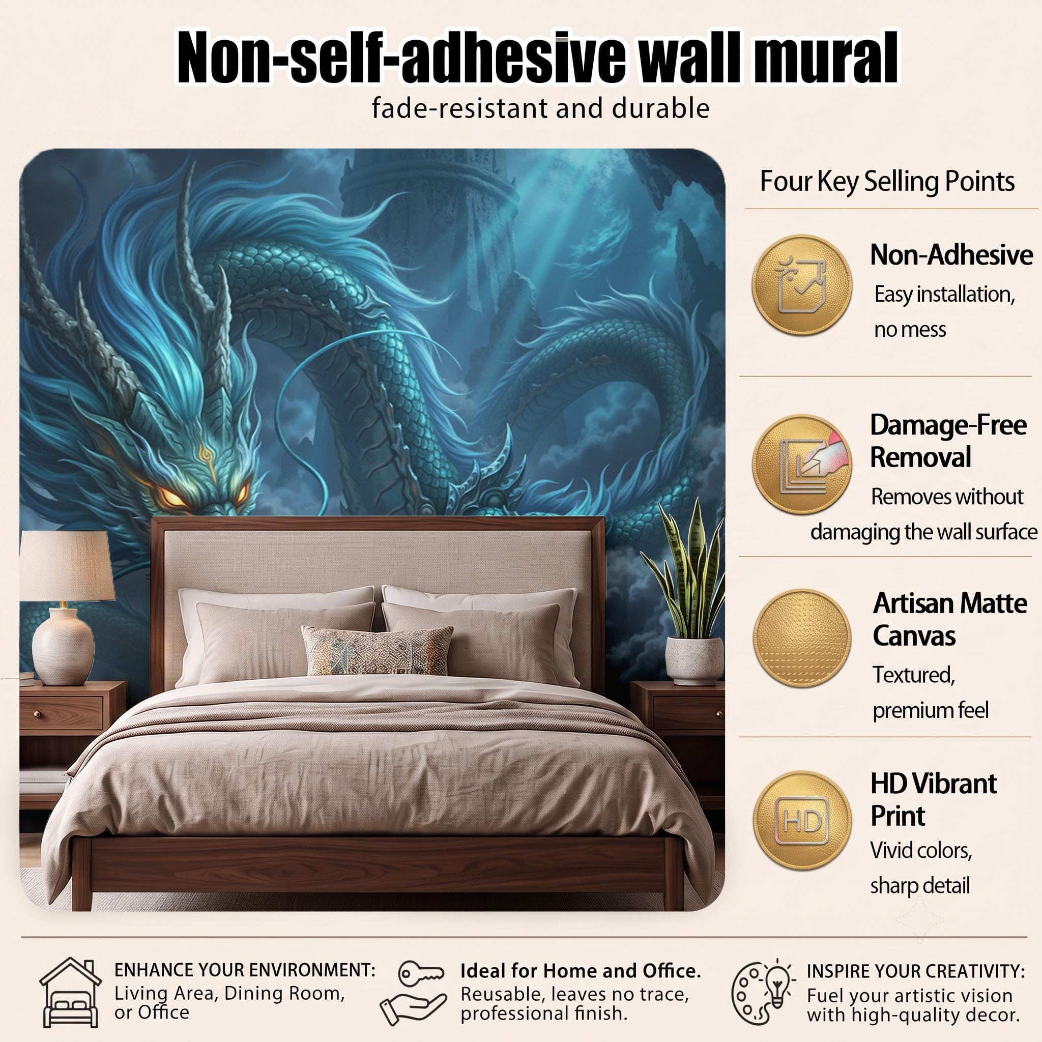 Papier Peint Panoramique Intissé Dragon Oriental Fantastique En 3D 450X315Cm | Papier Peint Photo Paysage Grotte Brumeuse,Fresque Murale Cyan Foncé,Affiche Géante Pour Salon Chambre Décoration Murale