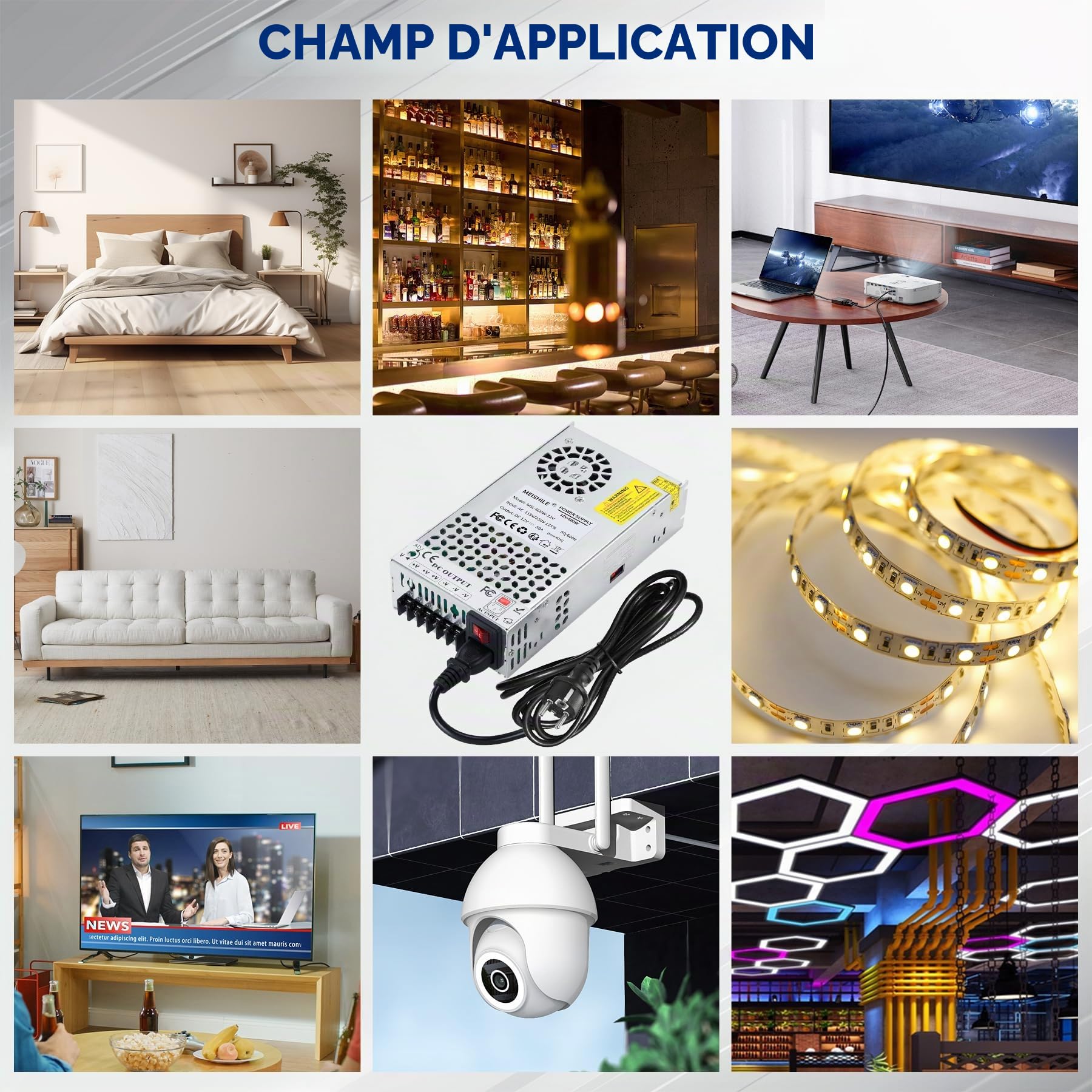 Alimentation à découpage MEISHILE 12V 50A 600W CA à CC Universelle 230V 220V pour Bande LED