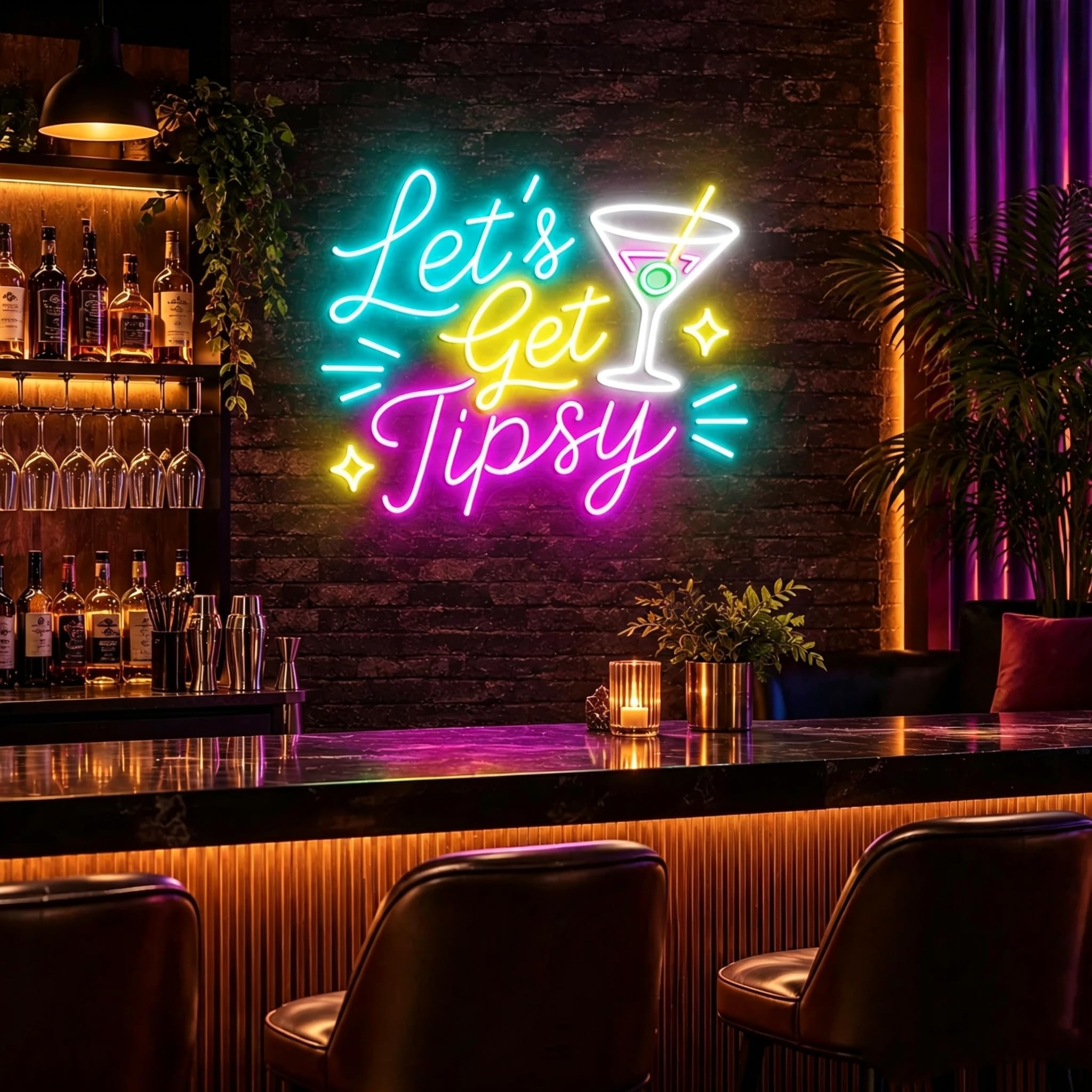 Let's Get Tipsy neonowy znak kolorowy koktajl LED neonowe światło | Dekoracja ścienna zasilana przez USB do domowego baru, pubu, męskiej jaskini, imprezy