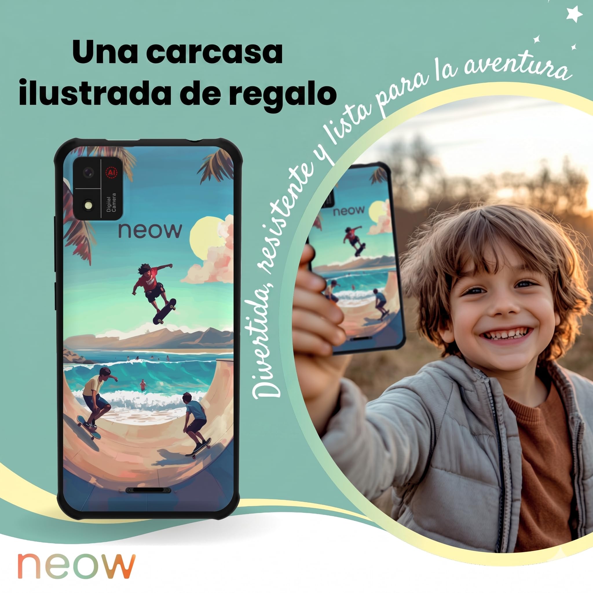 Neow Kids - Smartphone Android 14 | Smartphone para niños | Aplicaciones lúdicas preinstaladas | Google Family Link | Funda incluida