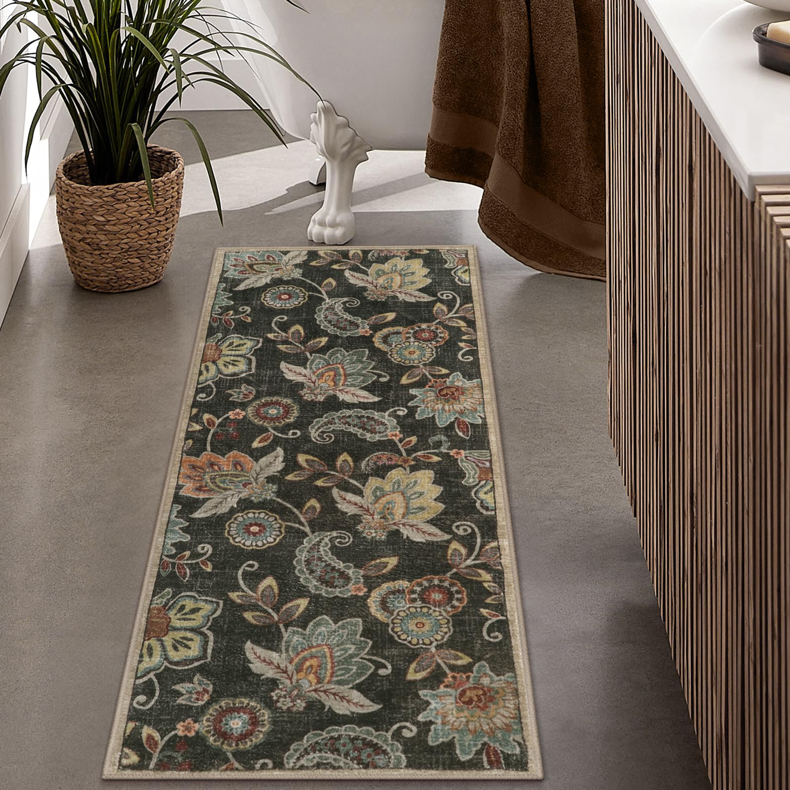 Morebes Floral Bathroom Runner Rugs 24 x 60 Non Slip,Washable Kitchen Runner Rug,Distressed Paisley Entryway Rug Bath Mat,Non Shedding Throw Carpet