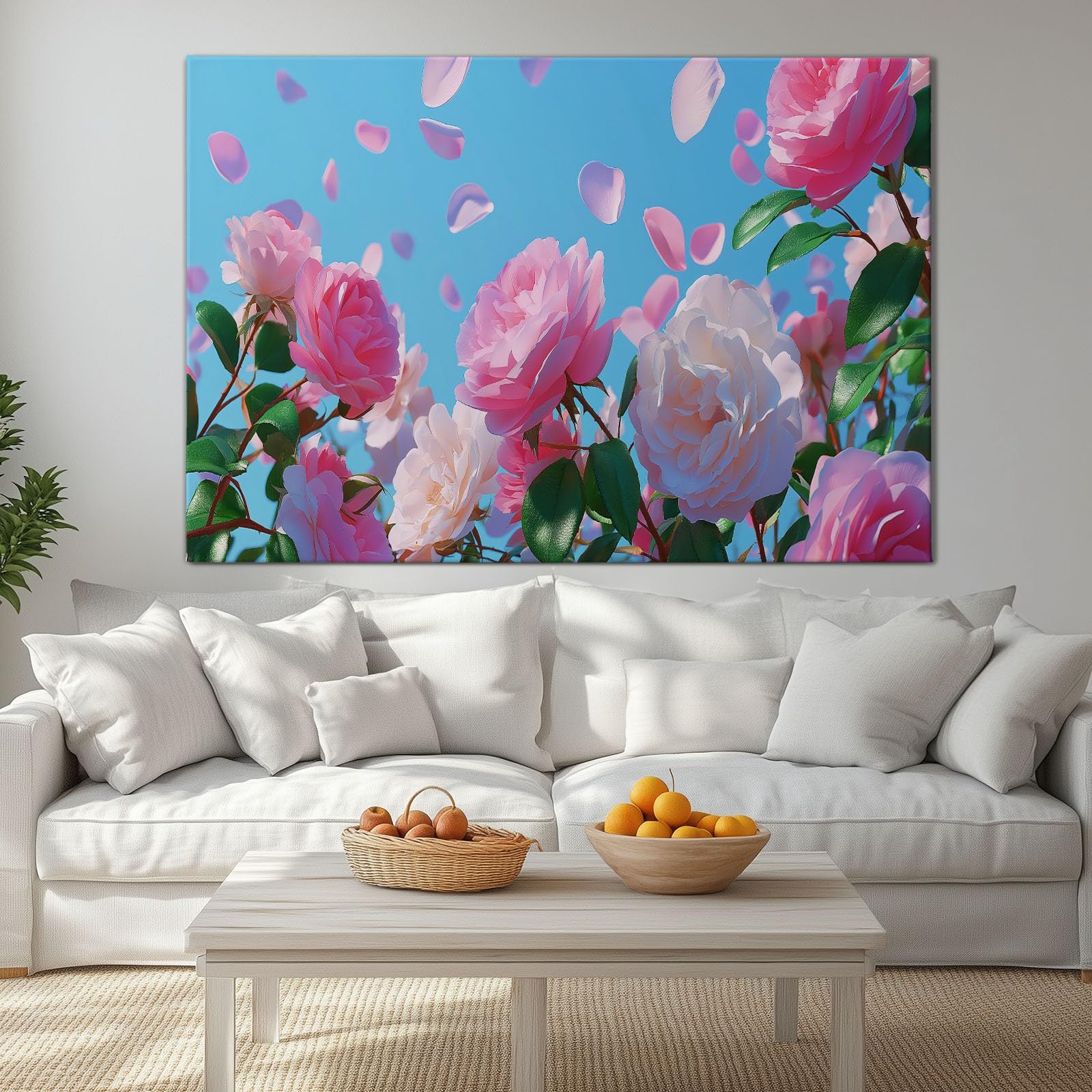 Sztuka ścienna na płótnie, różowe i białe płatki róży, 100 x 75 cm, sztuka ścienna z haczykami, oprawione wydruki na płótnie do salonu, sypialni, przedpokoju, biura, gotowa do powieszenia