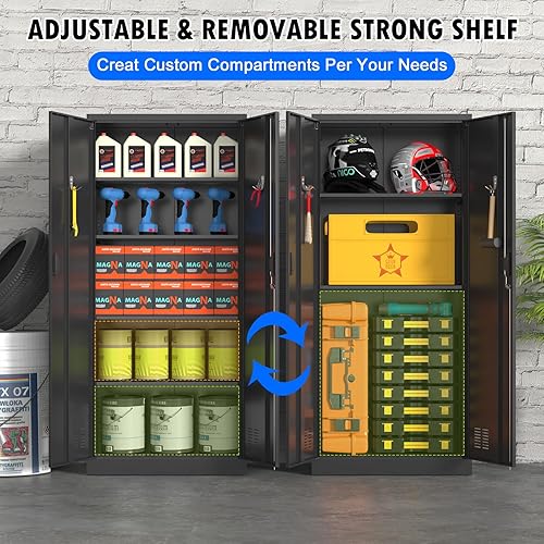 Miniatura 5 de Armario de almacenamiento de metal con cerradura, gabinete Lokcing de 71 pulgadas con 2 ganchos, gabinete de 2 puertas con 4 estantes ajustables,