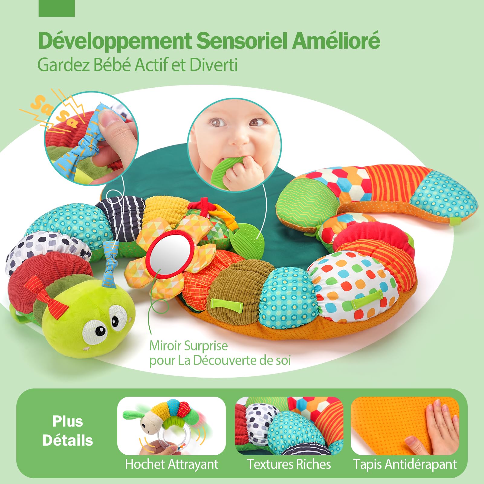 hahaland Jouet Bebe 0-3 6 9 Mois, 3 en 1 Tummy Time Chenille Coussin Bebe Tapis d eveil Bebe avec Anneau Dentition Bebe, Hochet et Miroir, Jouet d'activité et développement pour Nouveau-Nés 0-6Mois