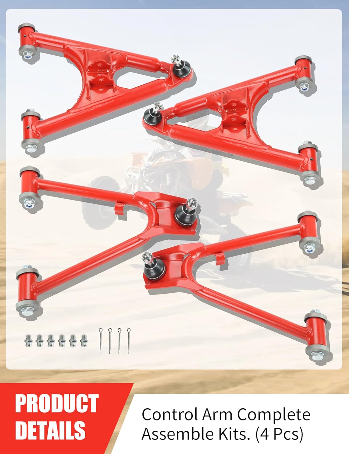 Fornt Upper & Lower A-arm Control Arms for 1989-2003 Yamaha WARRIOR 350 YFM350X, ATV Suspension Control Arm Replacement Kit, Red Steel A Arms