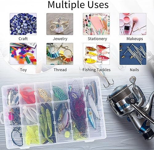 Vista 5 de OUTUXED Paquete de 2 cajas organizadoras de cuentas de plástico transparente de 36 rejillas, organizador de compartimento de aparejos de pesca