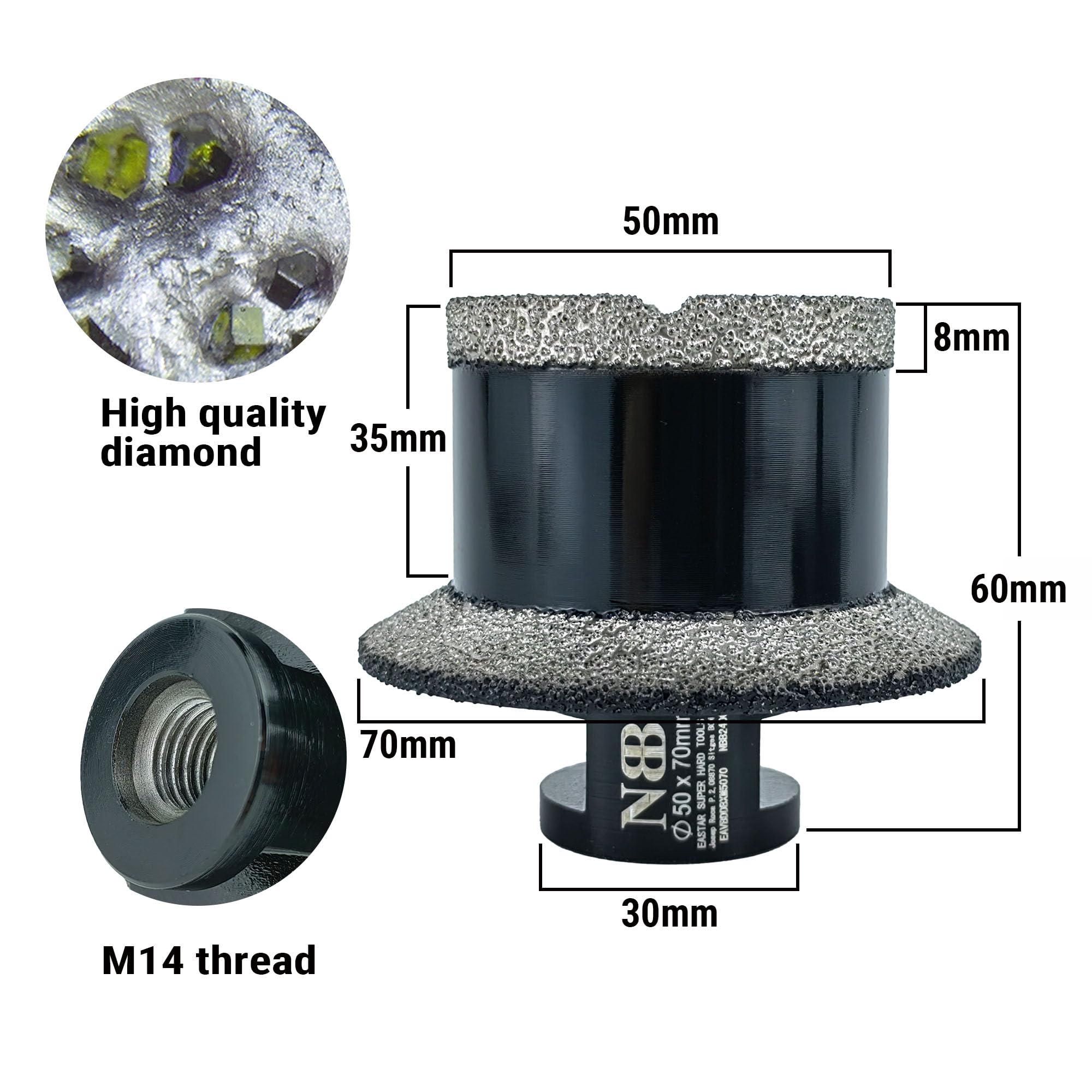 NBB Diamentowe fazowanie wiertła z M14 diamentowa korona diamentowa piła wiertnicza do wiercenia i profilowania drenażu w porcelanie ceramicznej płytki granitowe marmurowe płytki 2-w-1 (1, 50/70mm)