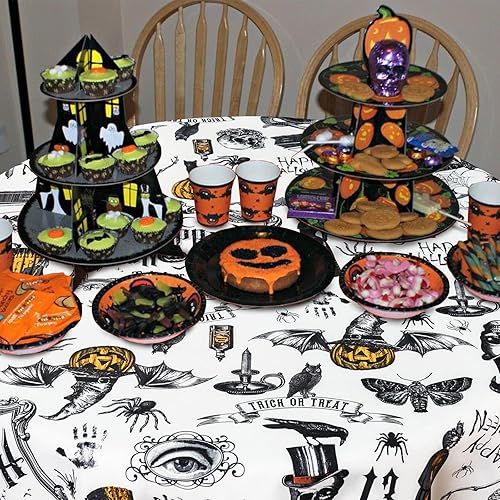 Miniatura 7 de aoselan Mantel de Halloween para mesa redonda de menos de 54 x 54 pulgadas, mantel impermeable de tela de araña de esqueleto para decoración de