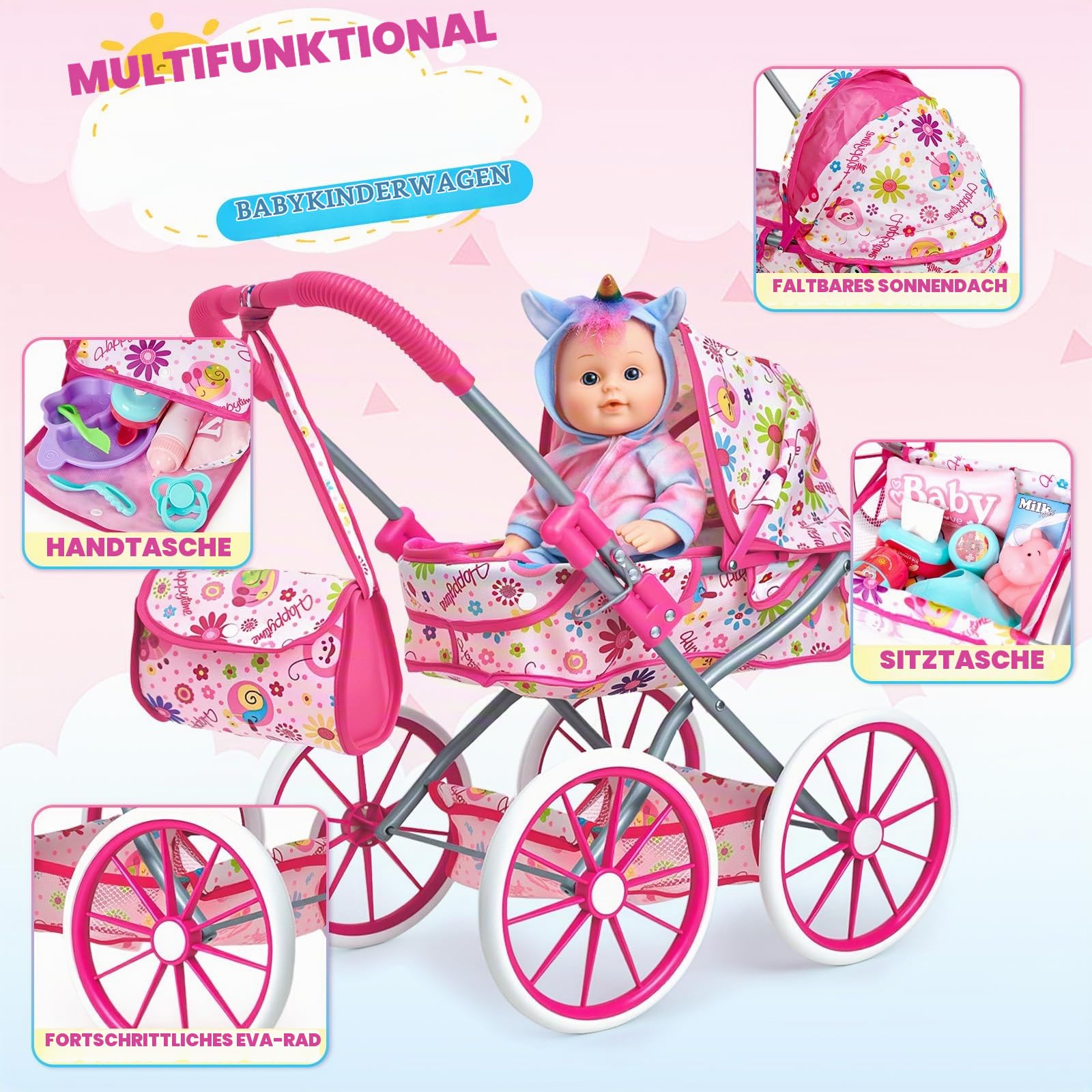 vamei Puppenzubehör für Baby Puppe, Puppen Zubehör mit Babypuppe & Puppenwagen & Schaukelpferd & Puppenkleidung, Fütterung und Pflege Set Rollspiel Spielzeug Geschenk Mädchen Kinder 2 3 4 5 6 Jahre