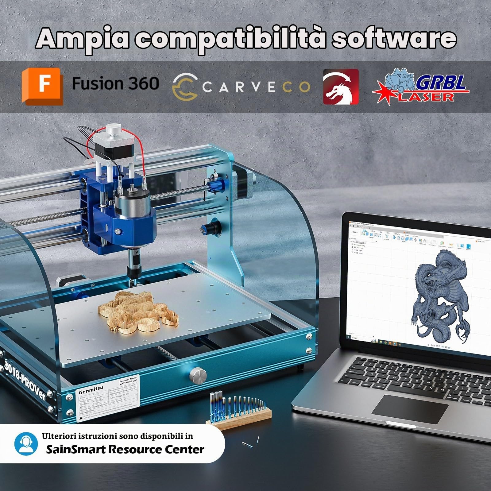 Genmitsu Fresatrice CNC 3018-PROVer V2, CNC da tavolo per principianti con finecorsa e arresto di emergenza, Spoilboard in alluminio con asse Z aggiornato, area di lavoro 284 x 180 x 40 mm