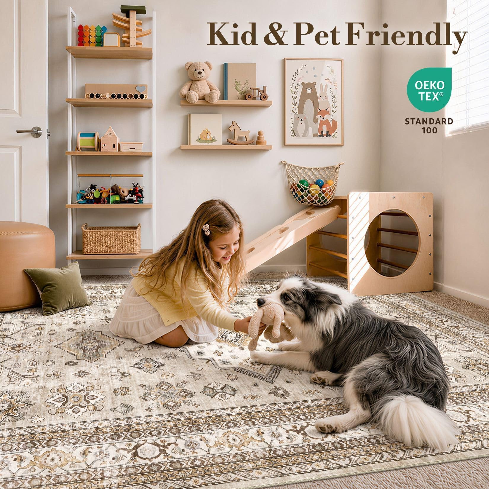 cotiled 6x9 Area Rug for Living Room, Washable, Traditional, Beige