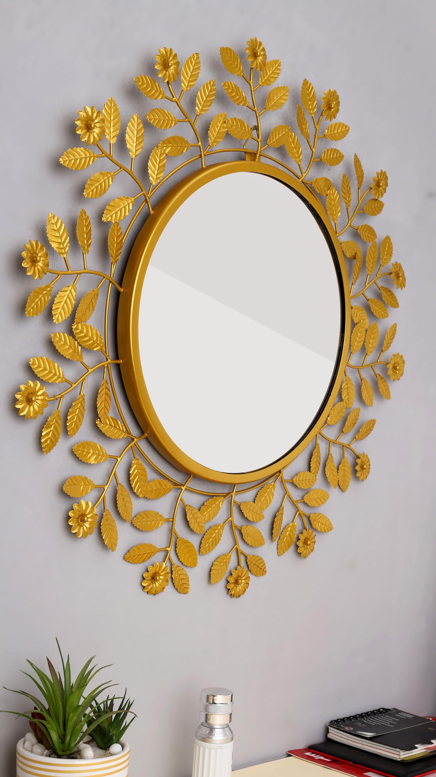 Artemade Iron Framed Decorative Wall Mounted Round Hanging Mirror Sunflower Stems and Leaves Design Golden Modern Art Mirror for Home Living Room Decor (60 Cm)