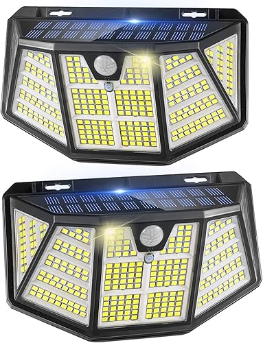 Paquete de 2 luces solares para exteriores, 310 luces LED con sensor, impermeabilidad IP67, 3 modos de luz, luces de pared mejoradas con sensor de