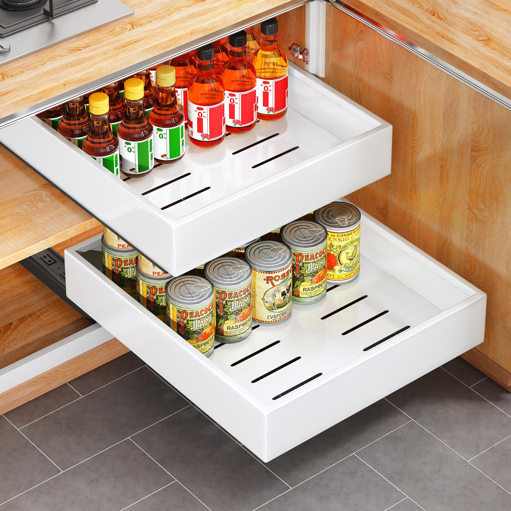 Photo 1 of 2Pack Pull out Cabinet Organizer, 21"Deep, Heavy Duty Full-extension Slide out Drawers for Kitchen Cabinet, Roll out Shelf Storage with Nano Adhesive for Pots, Bathroom, Pantry, Home, White