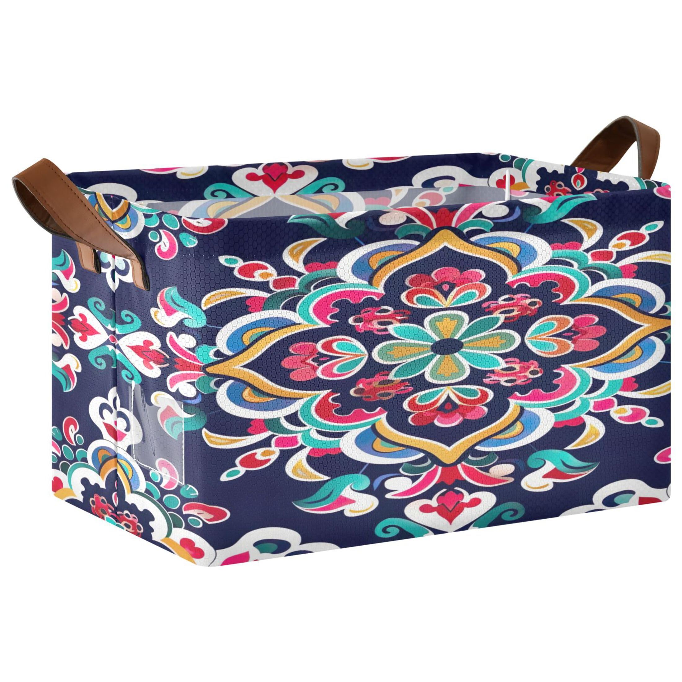Kutsu Foldable Storage Basket Mandala Collapsible Storage Bin with Handles for Shelves, Rectangle Basket for Home Nursery Decor, 16.9x11.4x10 in