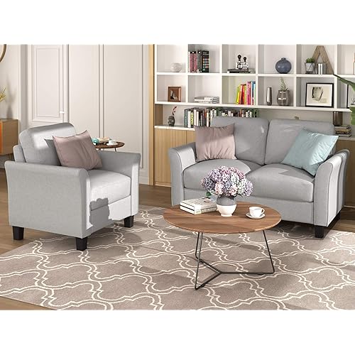 Harper&Bright Designs Living Room Linen Fabric Sofa Upholstered Sofa Set (Loveseat + Single seat, Light Gray)