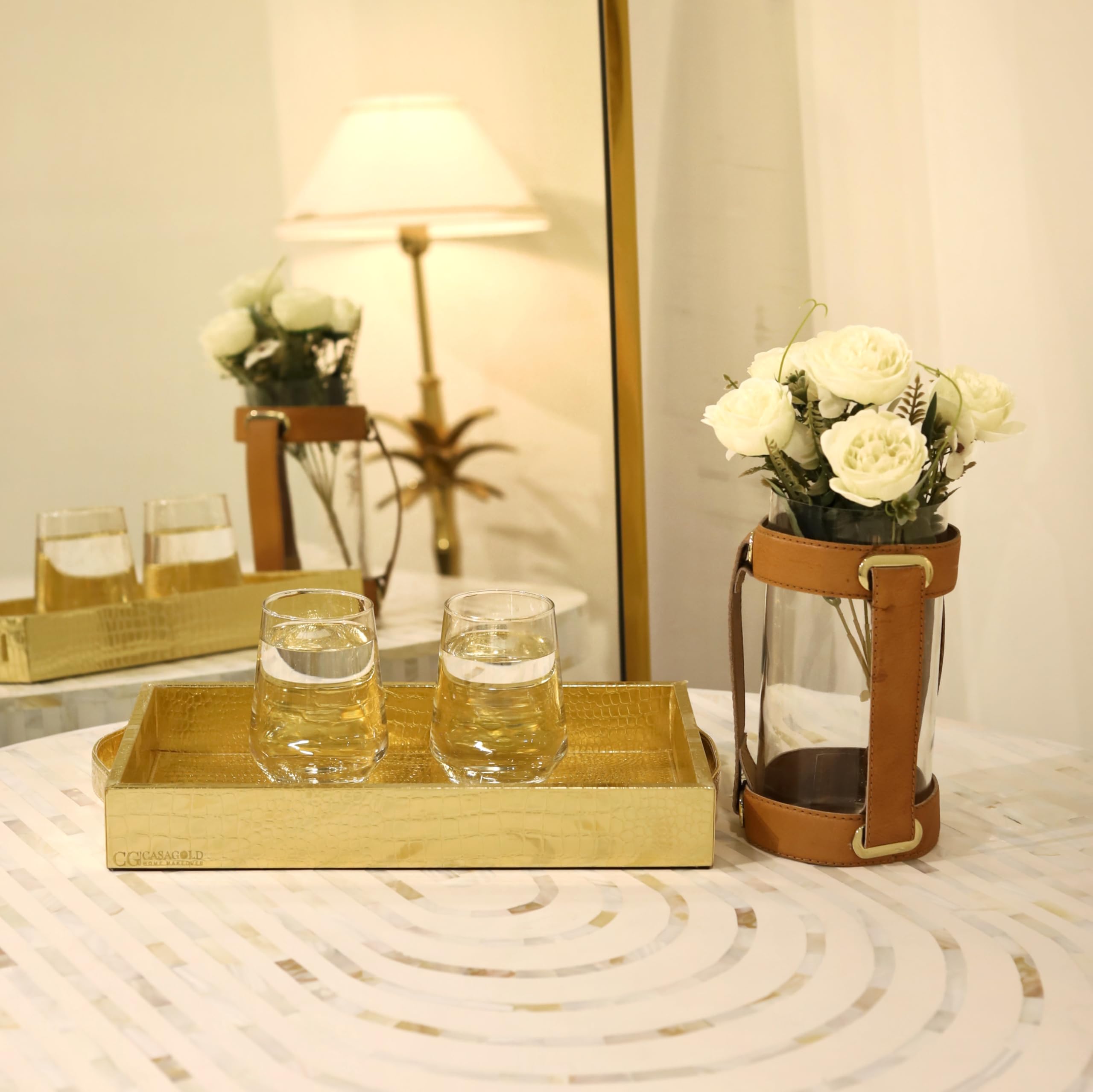 CasaGold Gold Premium Leather Serving Tray with Handles