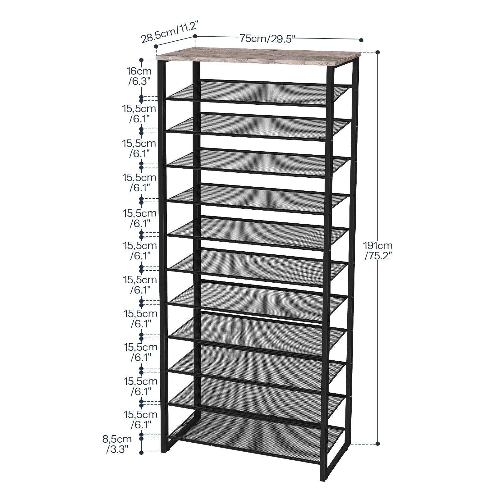 HOOBRO Große Schuhregal, 12-stöckiges Schuhablage, Schuhschrank hoch, für 35-45 Paar Schuhe, Metallrahmen, Industriestil, für Flur, Wohnzimmer, Schlafzimmer, Greige-Schwarz EBG127XJ01