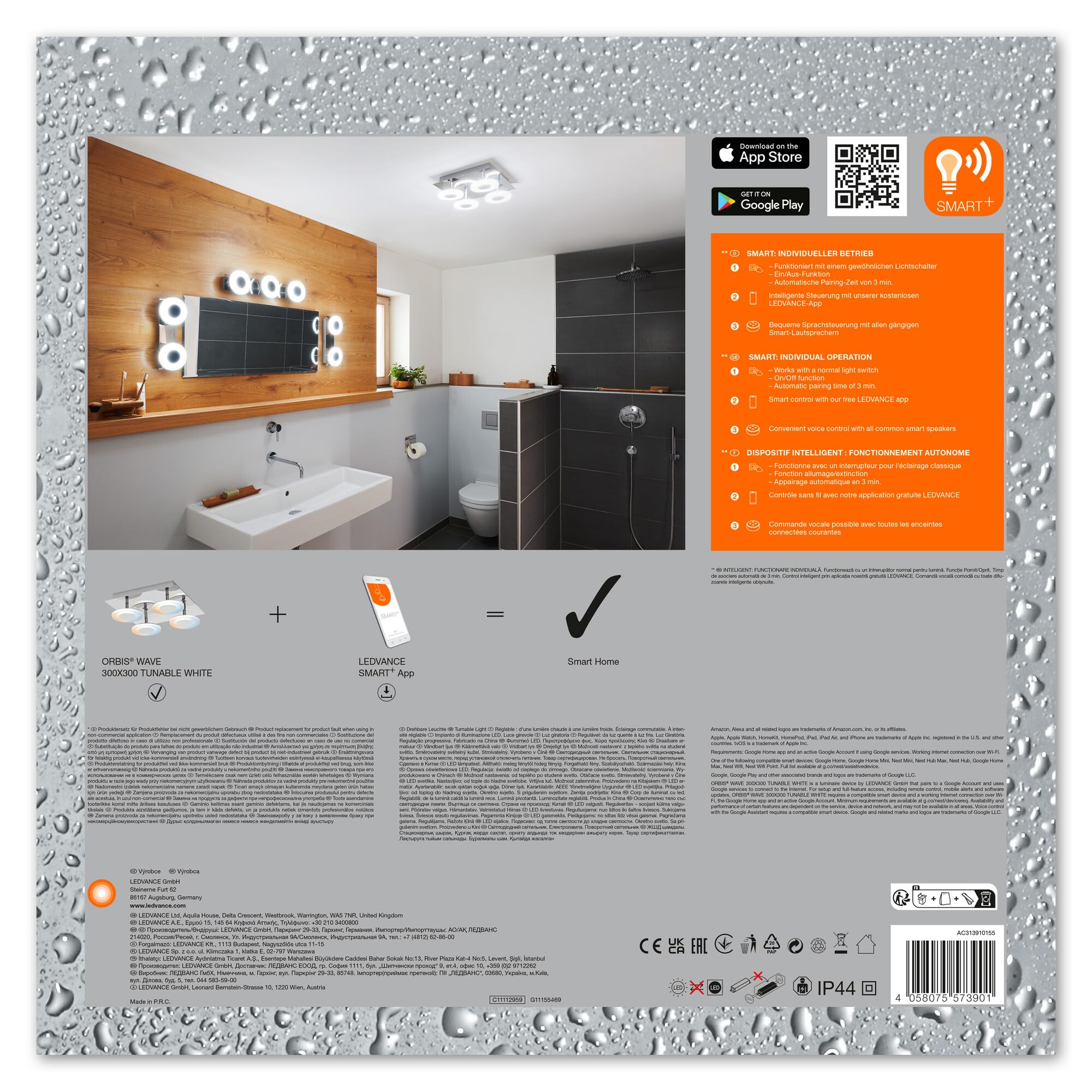 LEDVANCE Smart LED Badezimmerlampe chrome, 26W, 2800LM, 3000-6500K, 30cm, IP44, Orbis Wave Wandleuchte, Badezimmerleuchte mit Wifi Technologie, dimmbar, steuerbar über App und Sprachassistenten