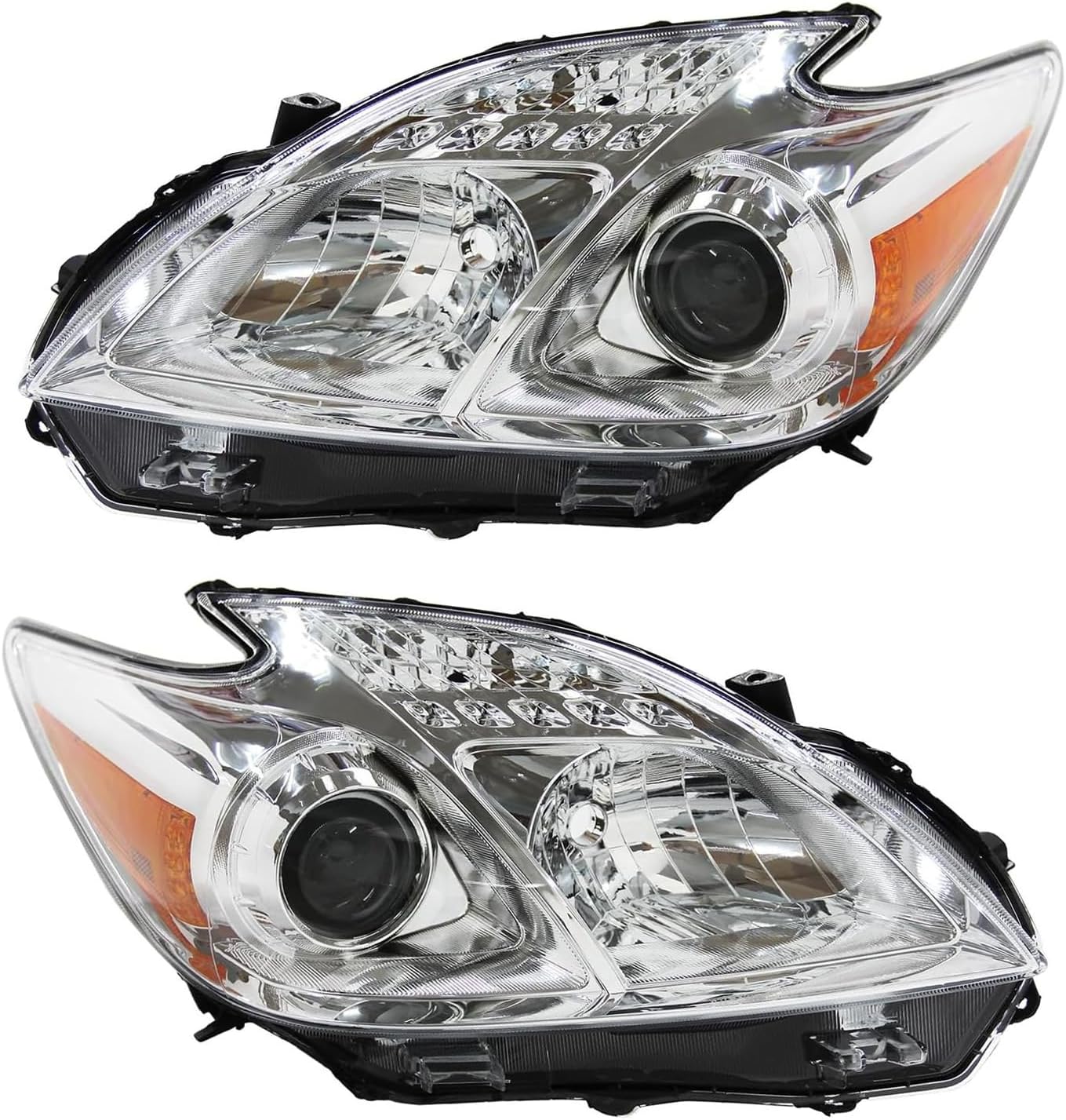 Headlight Assembly Fit for 2012-2015 Toyota Prius,Halogen Headlamp Replacement Driver Passenger Side Chrome Housing Amber Reflector Clear Lens TO2518134 TO2519134