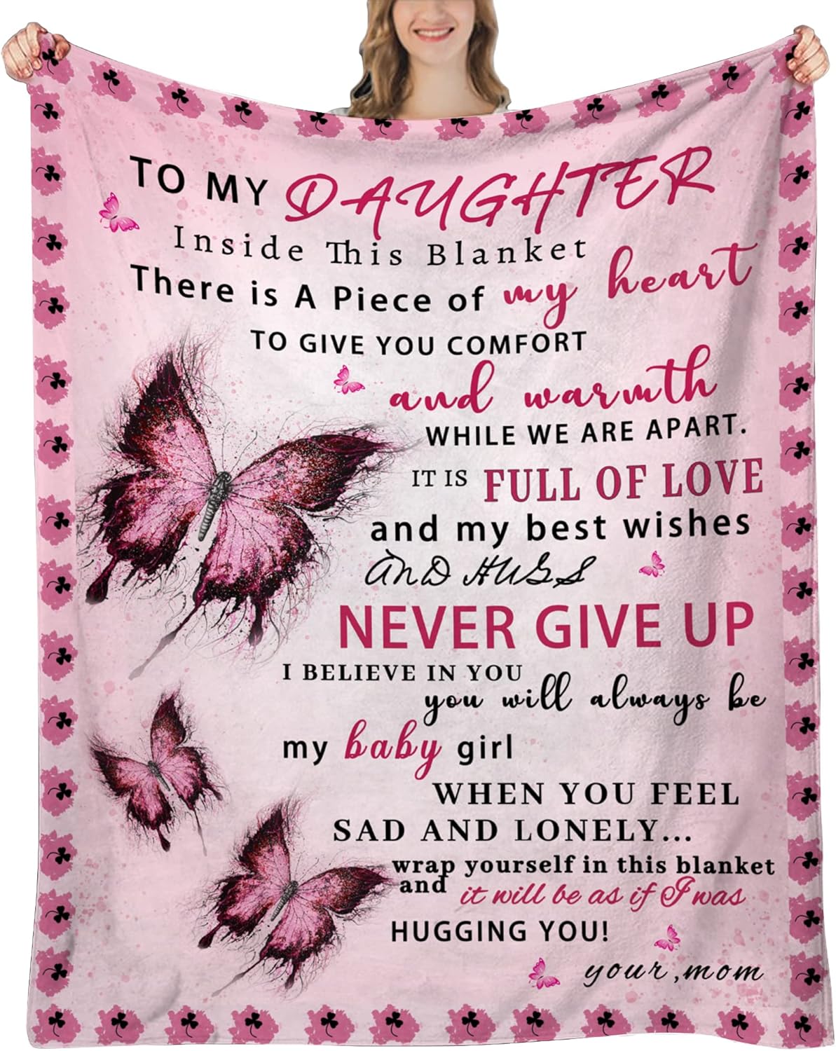 Daughter Blanket from Mom, Daughter Gifts from Mom, Daughter Gifts, Daughter Birthday Gifts, Gifts for Daughter, Daughter Gifts for Christmas, Graduation, Blanket for Daughter, Pink Butterfly, 60"x50" Mom to Daughter 60*50