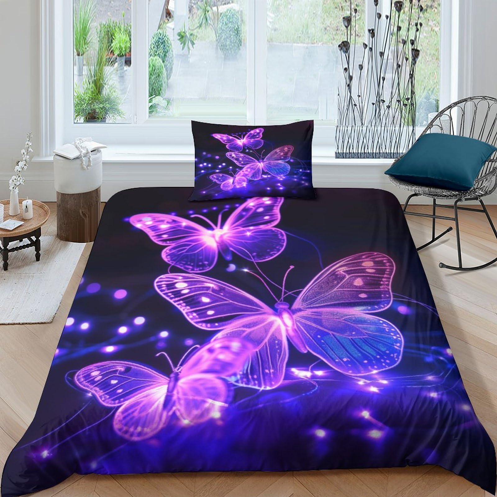 BARDYS Butterfly Quilt Cover 3D Print Purple Duvet Cover for Teens And Adults Comforter Covers with Zipper Closure Bedding Set Soft Microfiber with Pillow Cases 3 Pieces Single（135x200cm）