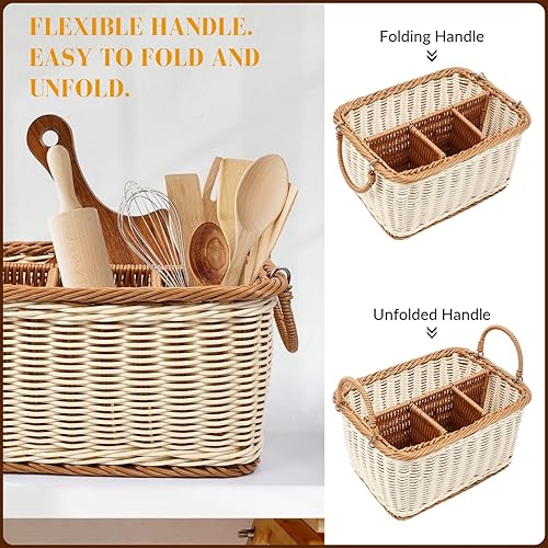 Miniatura 9 de Soporte para utensilios, organizador de almacenamiento de cubiertos de ratán tejido a mano, cesta de almacenamiento dividida multifuncional, para