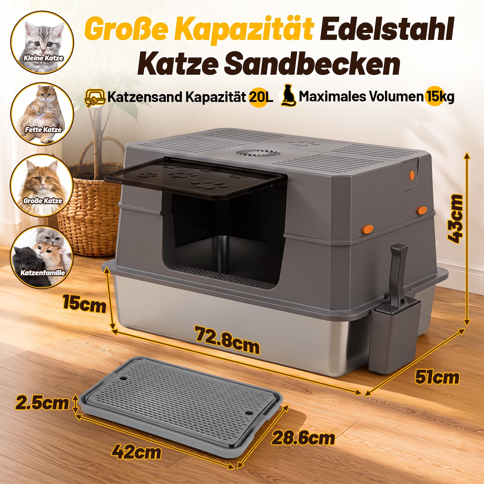 XXXL Edelstahl Katzentoilette mit Klapphaube,72.8 x 51 x 43 cm