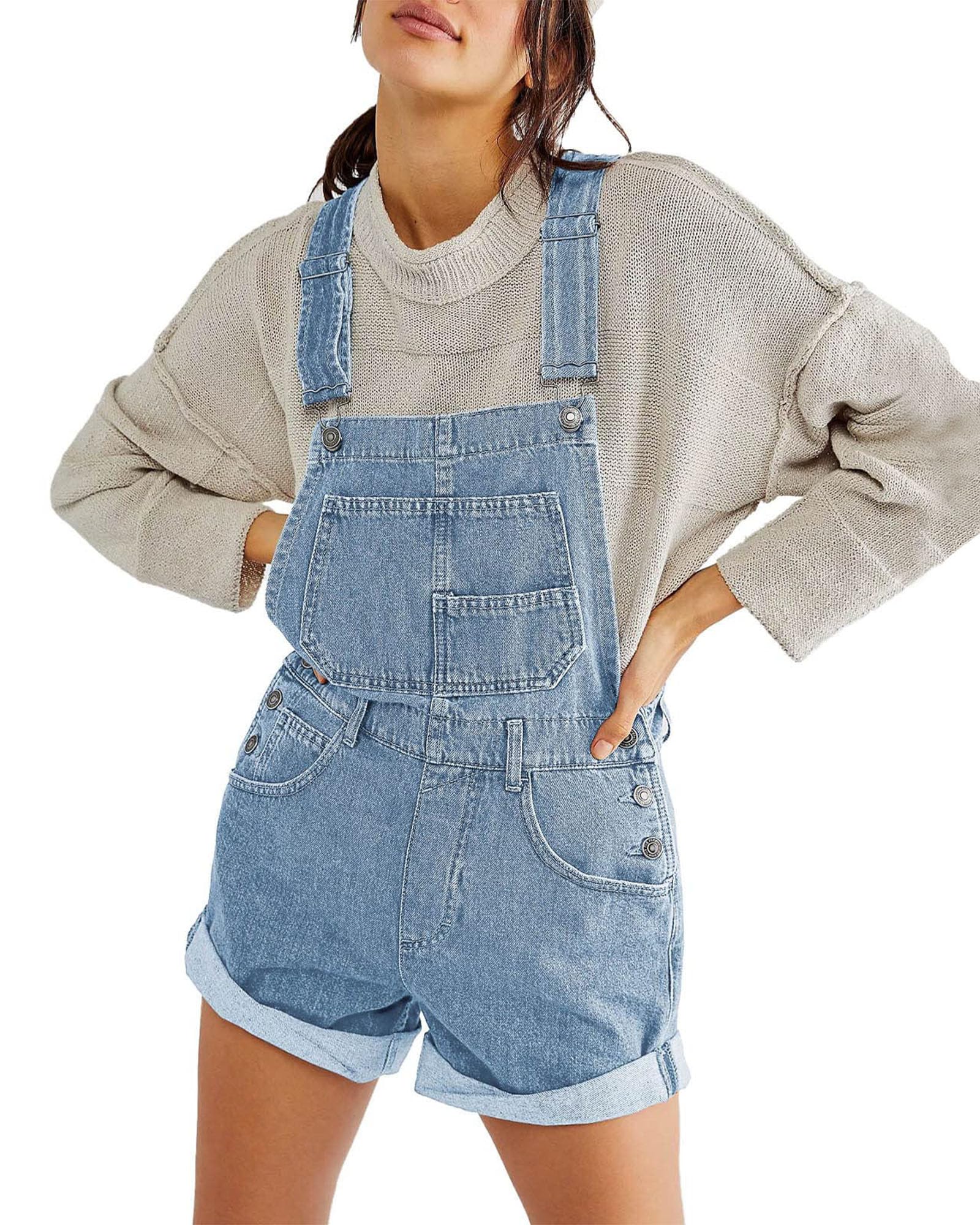 Felcia Damen Denim-Träger-Shorts, Overall, verstellbarer Riemen, Strapse, weites Bein, gerollte Manschette, Overall, lässige Jeans-Shorts, Latzhose mit Taschen