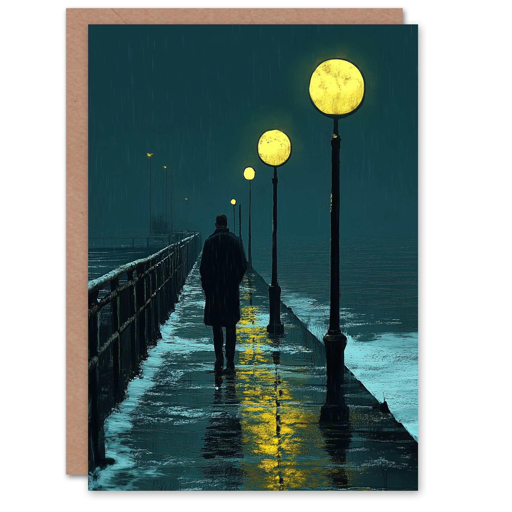 Artery8 Greeting Card Night Walk in Rain Under Promenade Street Lamps Blank For Him Or Her Art Miss You Card