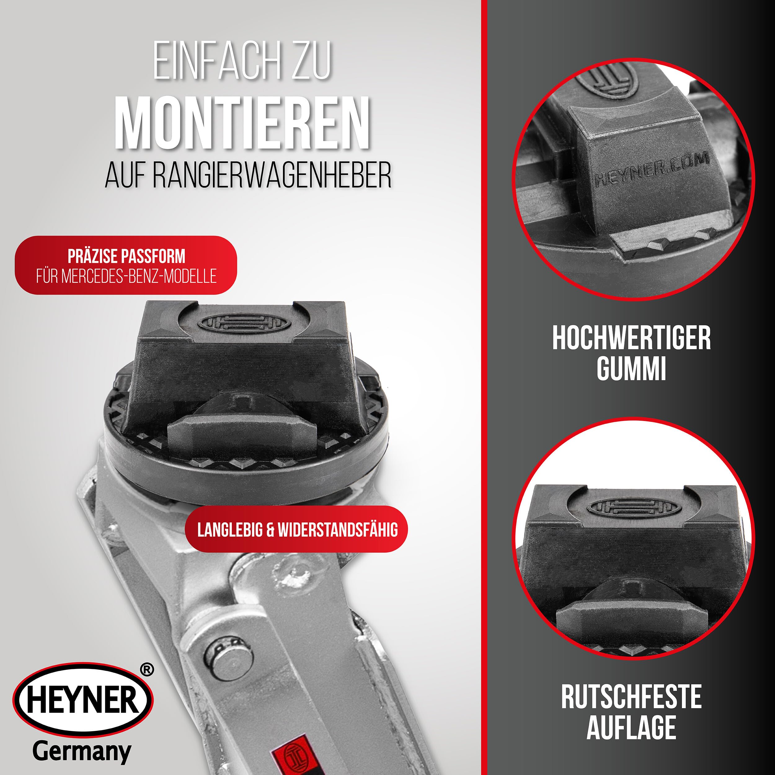 HEYNER® Zestaw hydraulicznych podnośników manewrowych 2,25 t – wyjątkowo płaski (85–380 mm), 2 koła obrotowe, gumowe talerze o średnicy 45 mm, w zestawie gumowa podkładka do samochodów marki Mercedes,