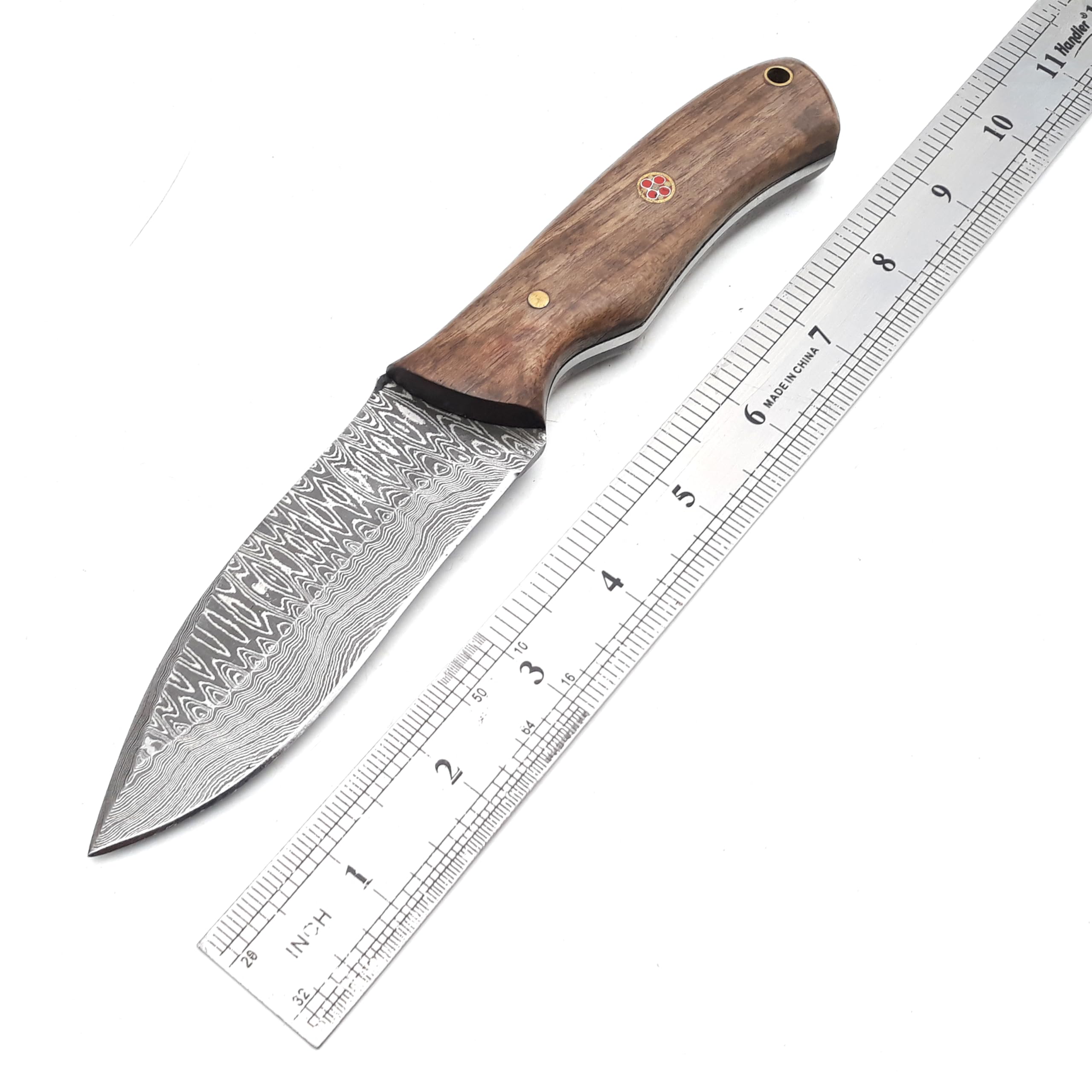 ANCILLA Handmade Damascus Hunting Knife with Walnut Handle, 8 inch Blade, Brown/Silver
