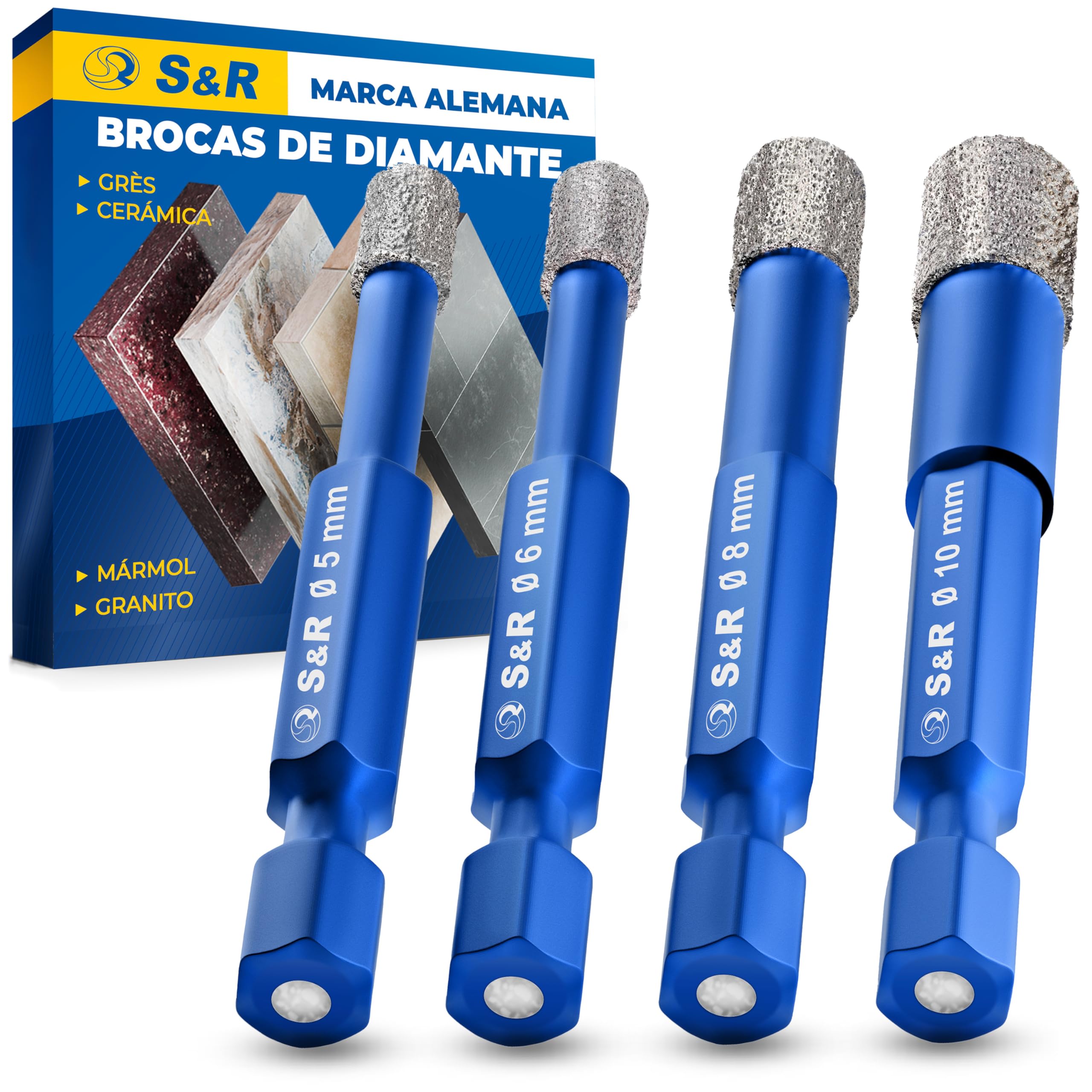 S&R 4 Brocas Diamante para Gres Porcelánico, Azulejos, Vidrio, Baldosas, Cerámica, Piedra, Muro. Brocas diamantadas porfesionales. Vástago Hexagonal