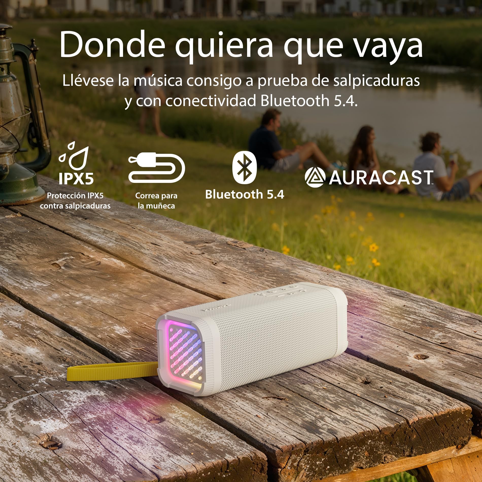 Philips TAS2000W Altavoz Inalámbrico Bluetooth con Juego de Luces LED, Bass+ de 20W, Auracast, 20h Reproducción, Resistencia Salpicaduras IPX5, Reproducción USB, Micro, Control por App – Blanco