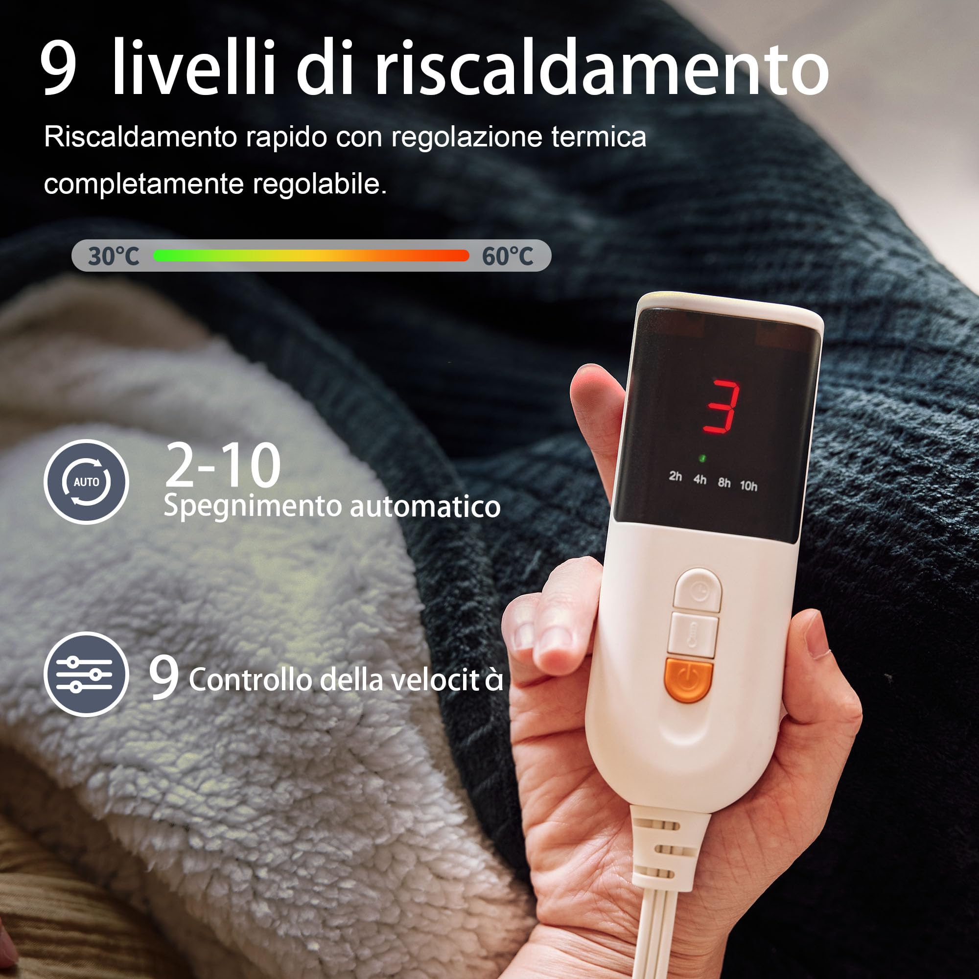 Texciting Coperta Riscaldante Elettrica-130x160cm-Coperta Elettrica con 9 impostazioni di calore-10 ore di spegnimento automatico Lavabile in lavatrice (Nero)