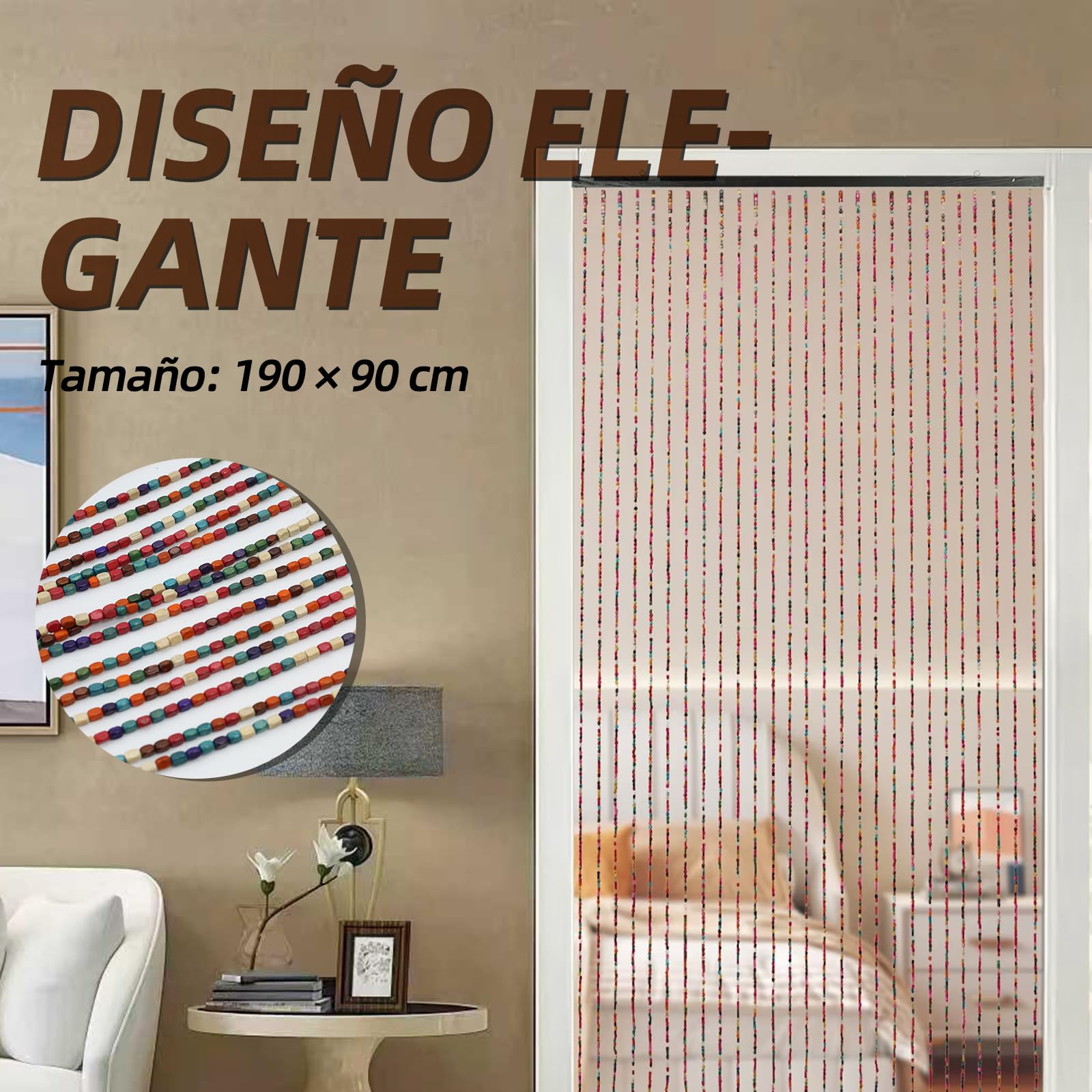 Cortina para puerta de balcón, 90 x 190 cm, cortina de puerta, decoración de puerta de balcón, 52 hebras, estilo bohemio, cortina de bambú, cuentas de madera hechas a mano para ventana