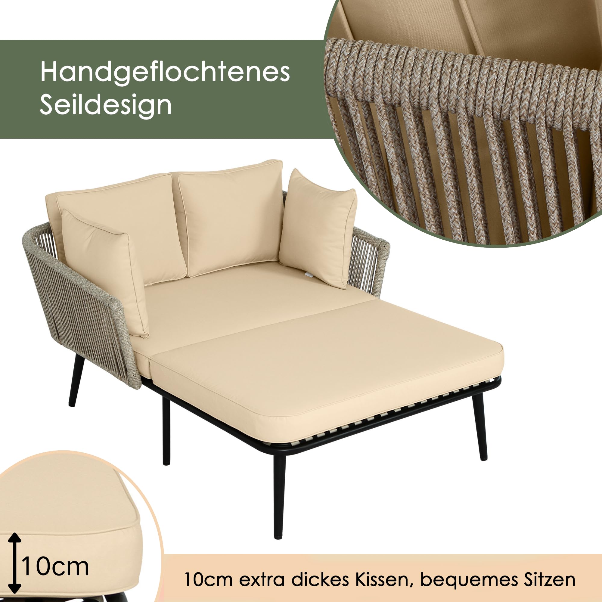 Sofá de jardín con 2 cojines y 2 cojines, tumbona para exteriores, salón de jardín, juego de muebles de balcón, muebles de salón, muebles de terraza, cojines extraíbles y lavables (caqui)