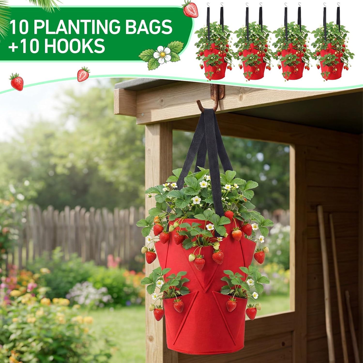 SATINIOR 10 Pack Upside Down Strawberry Planter Set Hanging Vegetables Grow Bags with 10 S Hooks, 3 Gallon Fabric Planting Bags for Easy Vertical Gardening(Red)