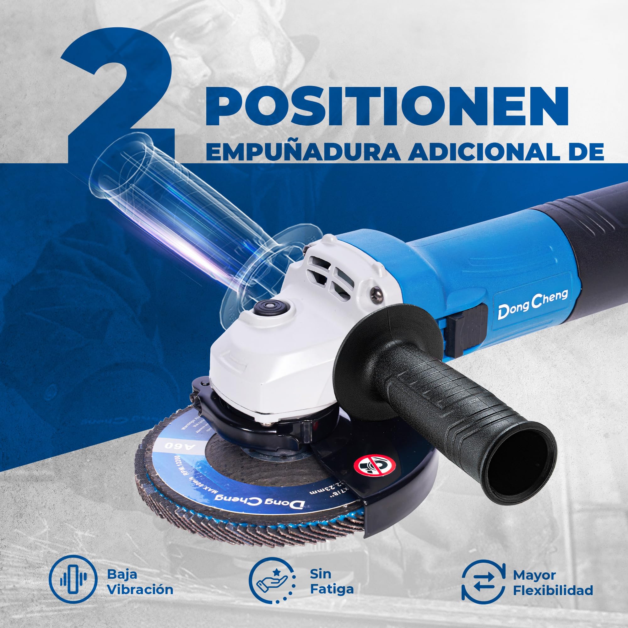 DongCheng Amoladora Angular 800W (125 mm, 11.800 rpm). Con cubierta de cierre rápido, empuñadura auxiliar e incluye 2 discos de desbaste, 2 de copa y 2 de corte. Ideal para pulir, lijar y cortar