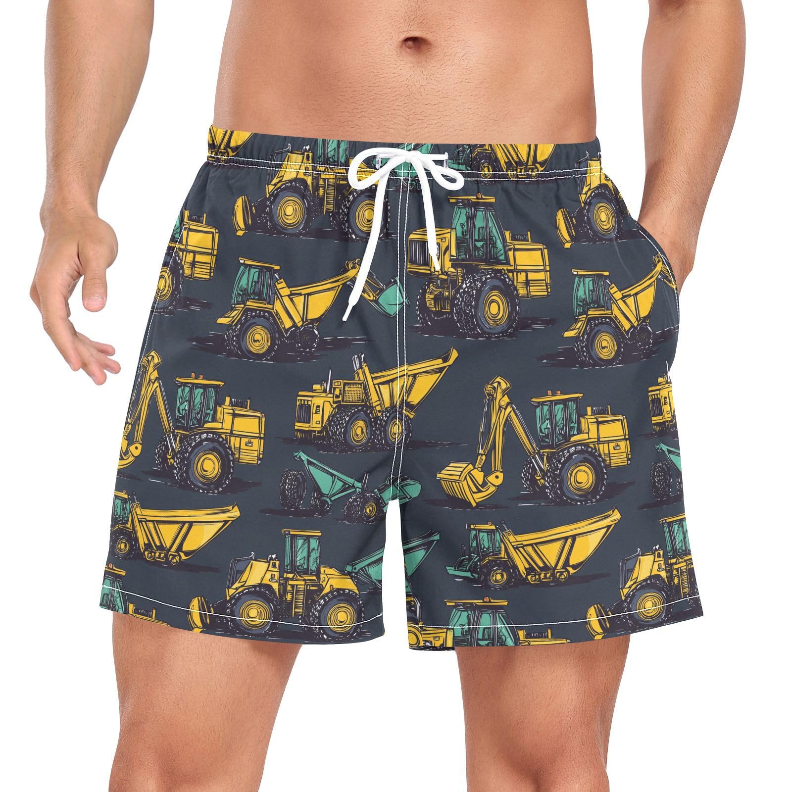 JUNZAN Cartoon Trucks Navy Men's Swim Shorts Mens 2 Layer Workout Shorts with Compression Liner Beach Board Shorts Lightweight