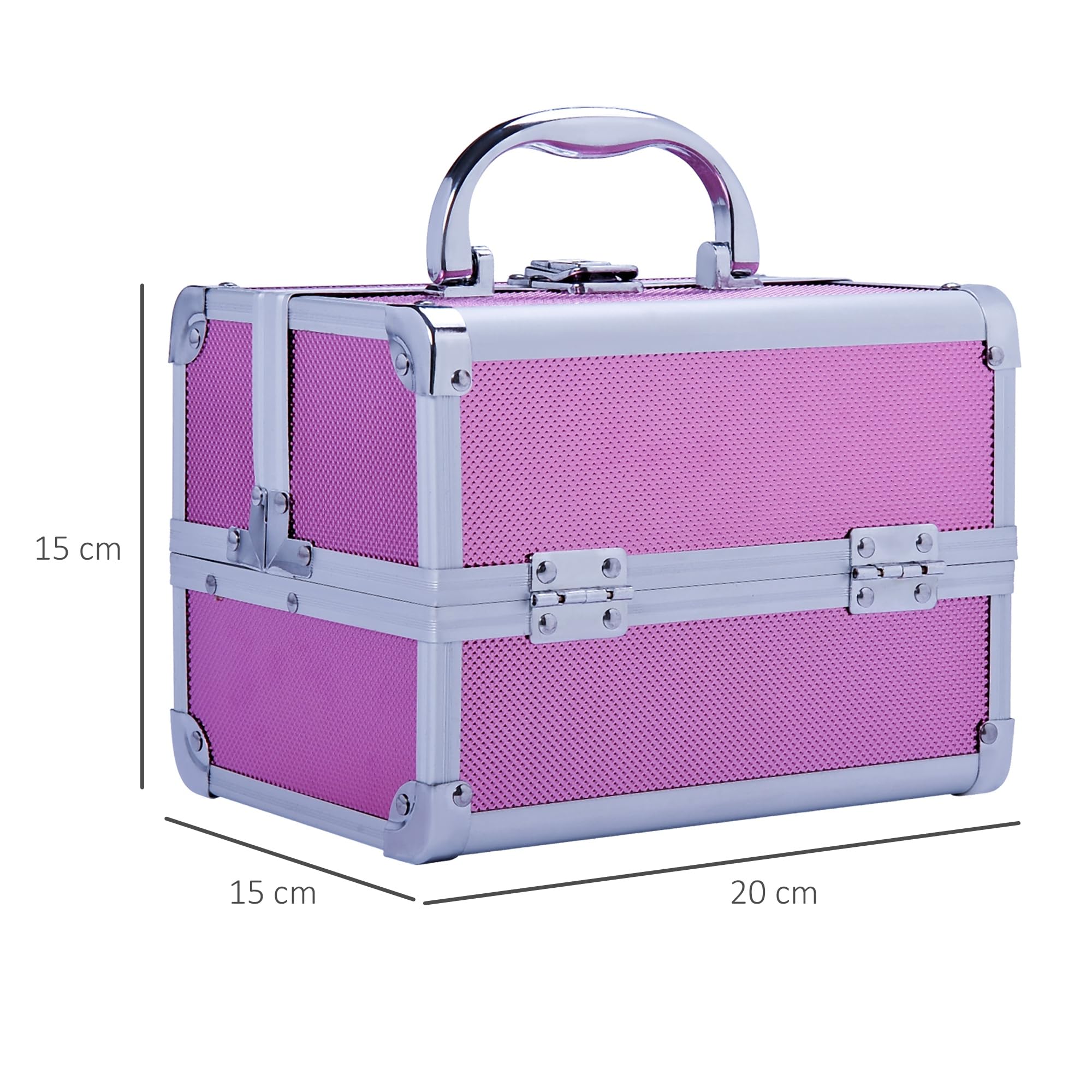 HOMCOM Maletín Maquillaje Profesional Portátil 20x15x15 cm Rosa | Estuche de Cosmético, Bandejas de 3 Niveles, Espejo, 2 Llaves, para Joyero, Manicura, Viaje