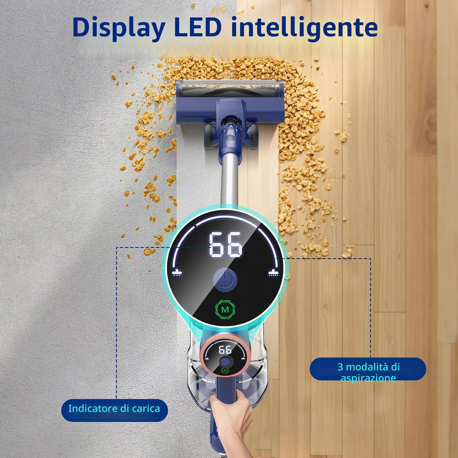 Aspirapolvere Senza Fili, 20Kpa/200W/50Min, Rivestimento Del Filtro Lavabile da 1,2 Litri, Display A Led Animato e Spazzola Antigroviglio Migliorata, Ricaricabile/da Parete per Tappeti/polvere Fine