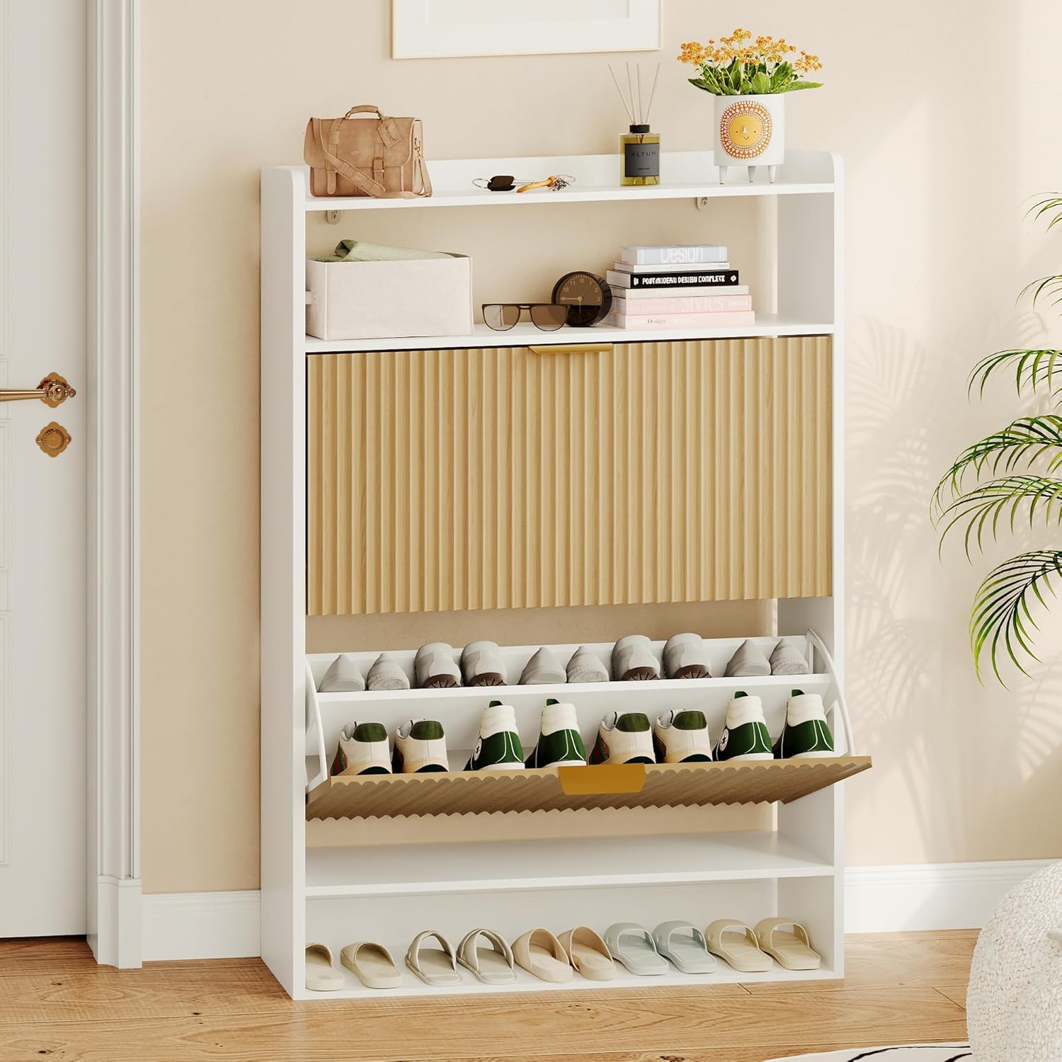 Dreamdashio Narrow Shoe Storage Cabinet with 2 Flip Drawers, Adjustable Slim Wood Organizer for 20-25 Pairs, White Entryway Rack