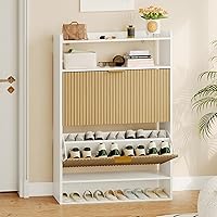 Dreamdashio Narrow Shoe Storage Cabinet with 2 Flip Drawers, Adjustable Slim Wood Organizer for 20-25 Pairs, White Entryway Rack