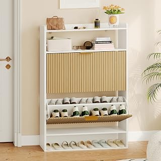 Dreamdashio Narrow Shoe Storage Cabinet with 2 Flip Drawers, Adjustable Slim Wood Organizer for 20-25 Pairs, White Entryway Rack