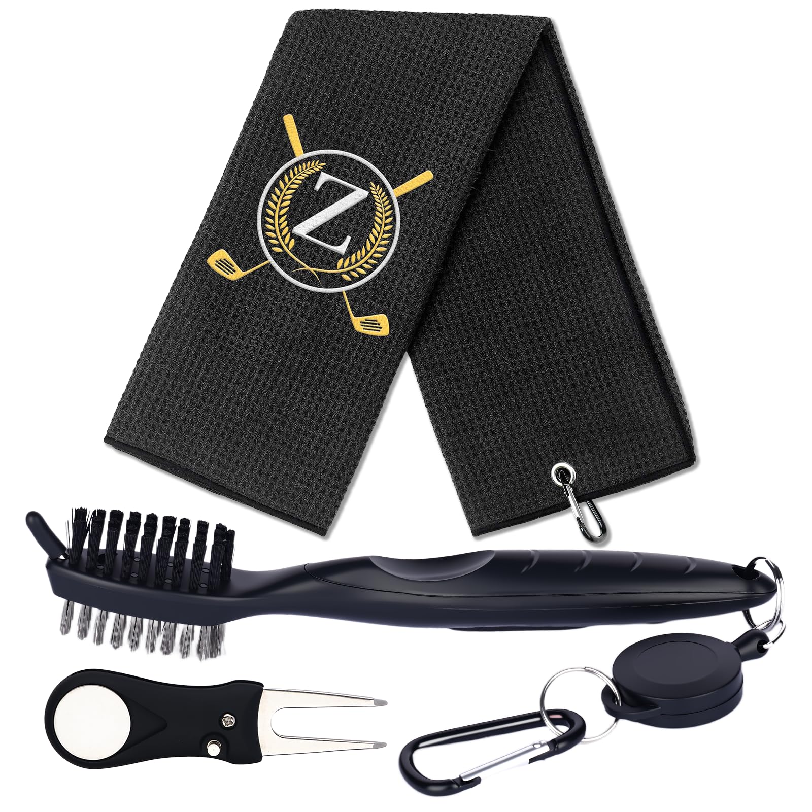 CGFN Golf Towel Gift Set,Golf Gifts for Men Women,Golf Club Cleaner Brush Divot Repair Tool Microfiber Golf Towels with Embroidered Monogrammed,Golf Accessories for Men Women (Black, Z)