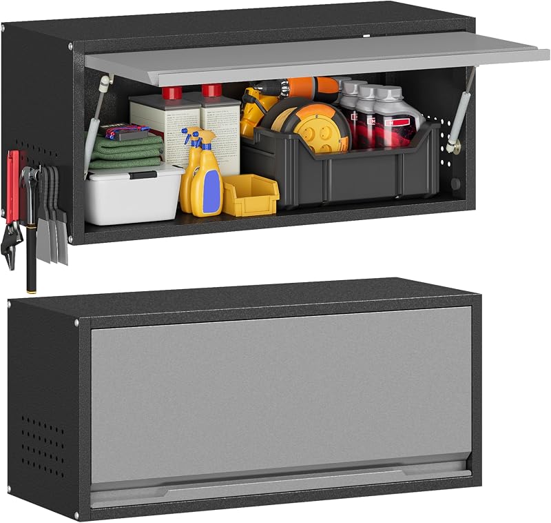 Gabinete de pared de garaje de metal con puerta abatible hacia arriba, gabinete de almacenamiento de acero montado en la pared, gabinete de herramientas flotante con tablero perforado, gabinete superior para cocina, garaje, taller, almacén (13.8" H, negro y gris)
