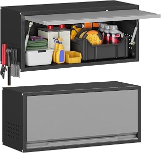 Metal Garage Wall Cabinet with Up-Flip Door,Wall-Mounted Steel Storage Cabinet, Float Tool Cabinet with Pegboard,Upper Cabinet for Kitchen,Garage,Workshop,Warehouse(13.8" H,Black&Gray)